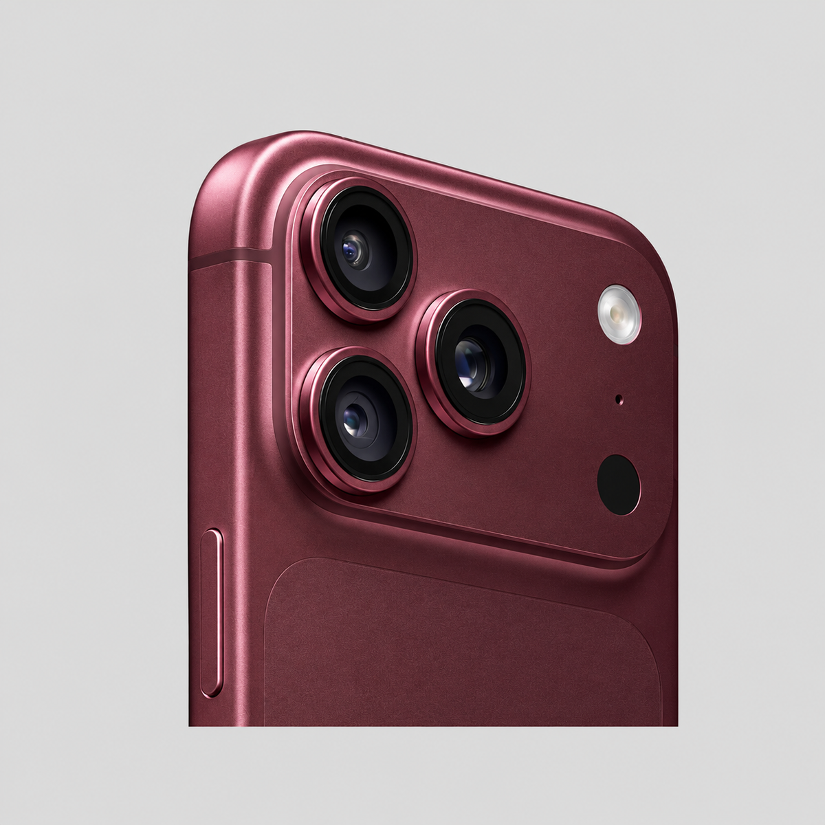 iPhone 18 Pro Max Borgoña detalle de cámaras traseras sobre fondo gris claro